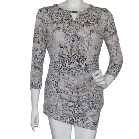 CALVIN KLEIN Top, S, Asym, Bustle, abstract animal/Marble, 3/4 sleeve, Keyhole - Picture 1 of 9
